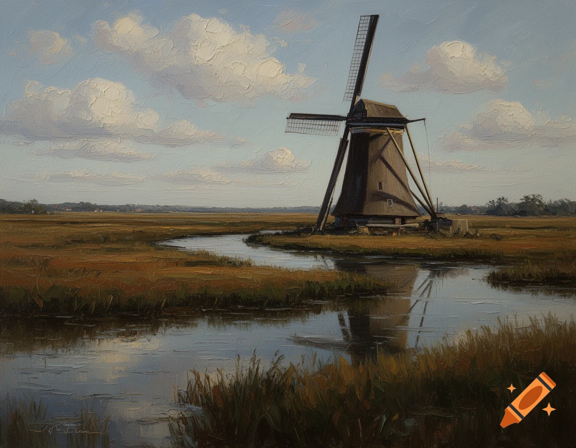 An oil painting of a traditional windmill standing in a marshy landscape with a winding river under a cloudy sky.