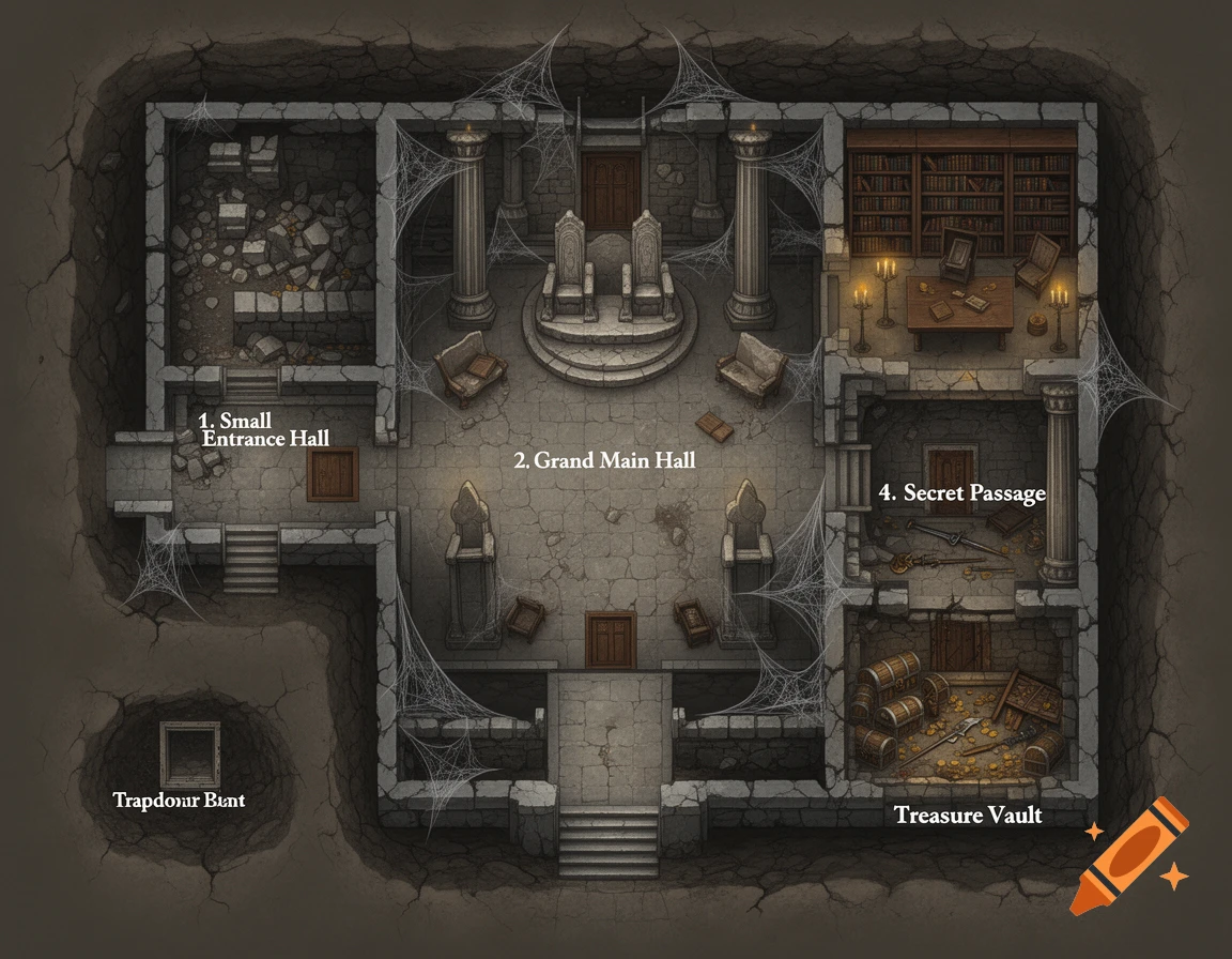 An overhead detailed map of an underground fantasy ruin with an entrance hall, grand main hall, library, secret passage, and treasure vault. Features crumbling stone, cobwebs, furniture, and items.