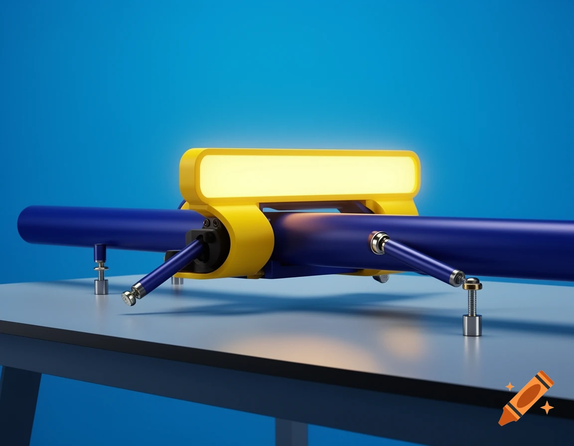 A blue tube device with a yellow glowing marquee component and retractable support rods on a light blue table against a blue background.