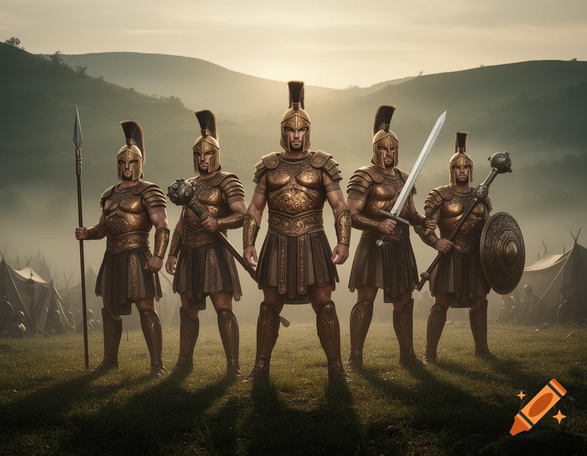 Five formidable armored warriors stand in a military encampment at dusk, holding a spear, mace, sword, and shield. Hills rise in the background.