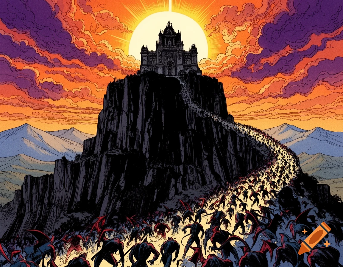 Stylized demons ascend a dark mesa towards a gothic hermitage under an orange sunset, in a comic book art style.