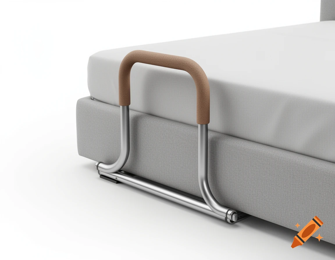 Ergonomic bedside support handle with a brown rubber grip attached to a gray bed, against a white background.