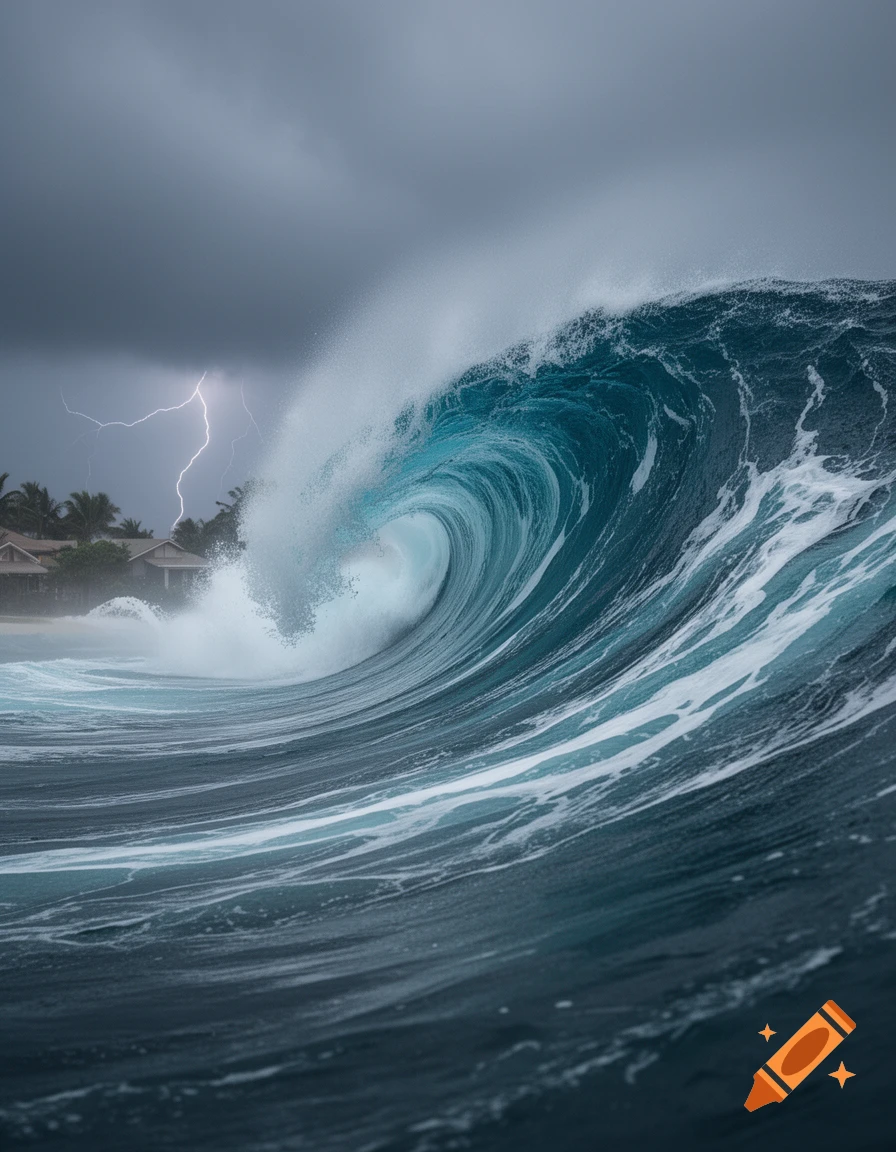 A massive turquoise ocean wave crests under a dark, stormy sky with lightning striking near distant houses and palm trees on a beach.