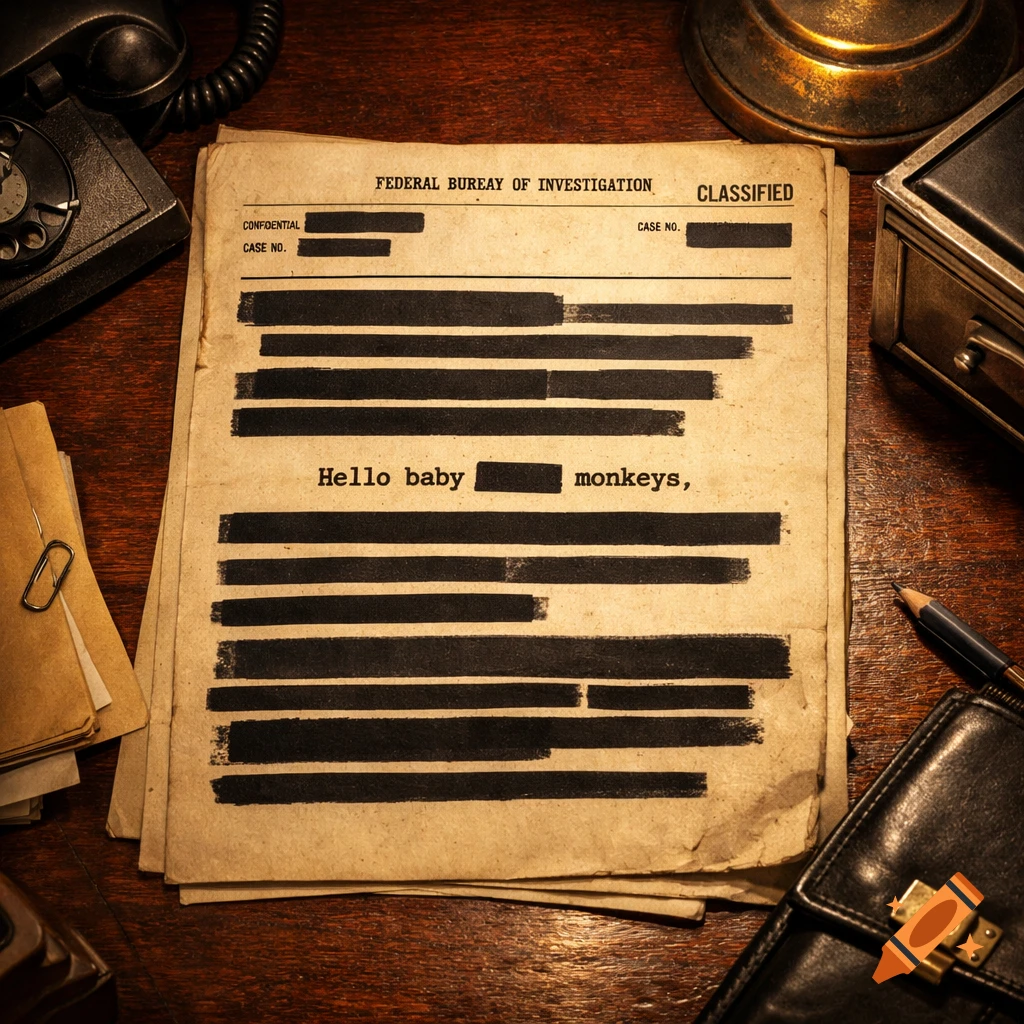 An aged, redacted FBI file on a wooden desk, surrounded by vintage telephone, lamp, and briefcase.
