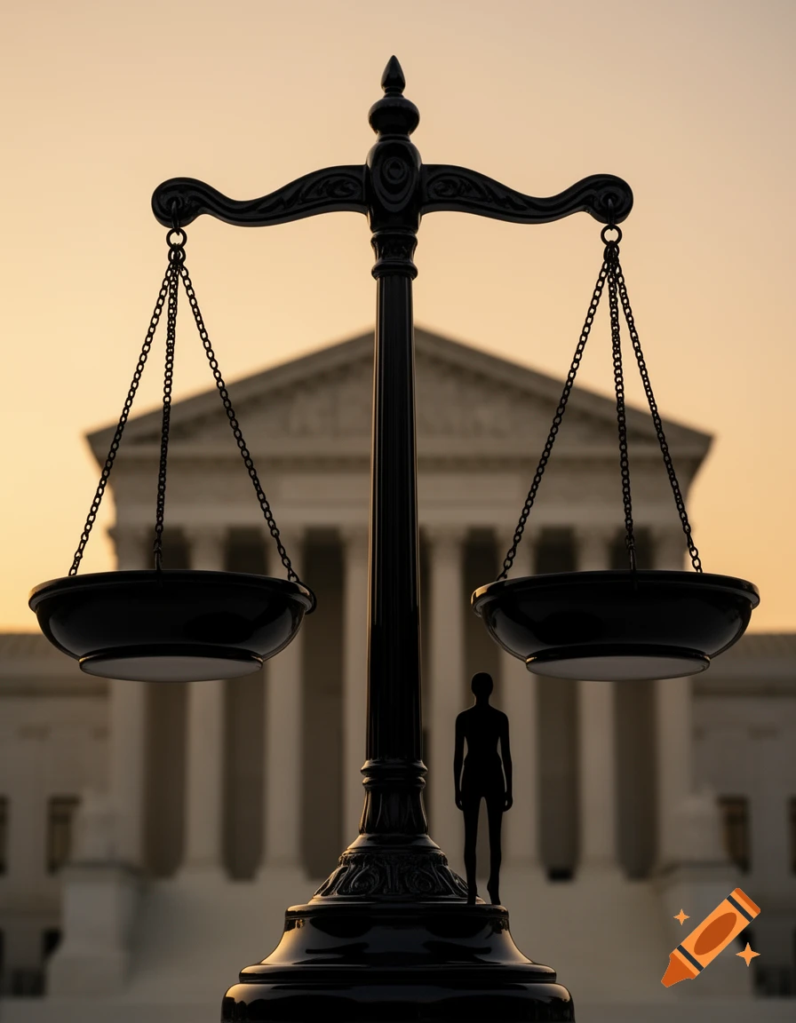 A giant black law scale and a small human silhouette stand before a blurred government building at sunset.