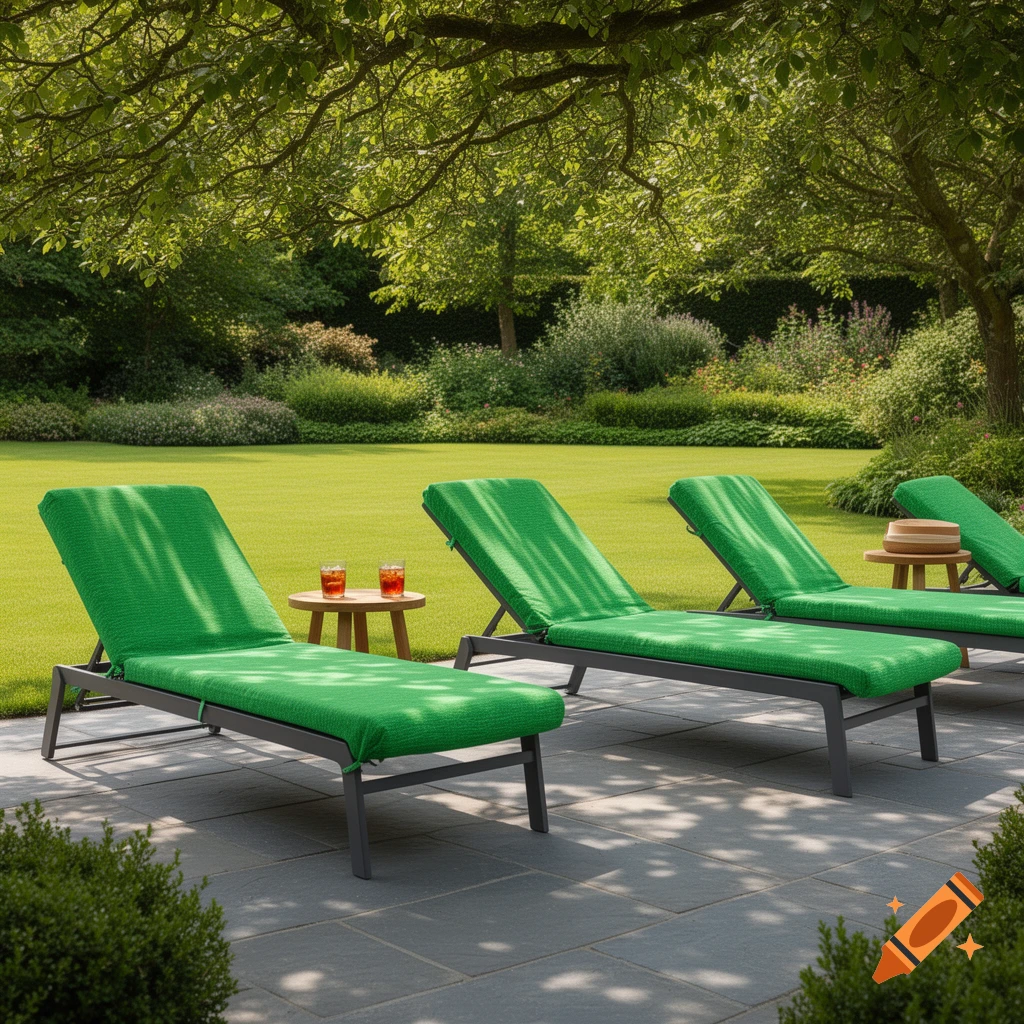 Three green lounge chairs on a stone patio in a sunny garden with lush green trees and grass.
