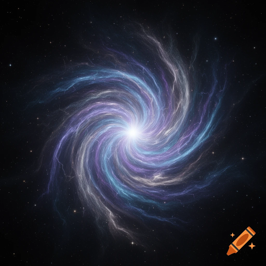 A vibrant, swirling blue, purple, and white galaxy or nebula against a dark, star-filled space.