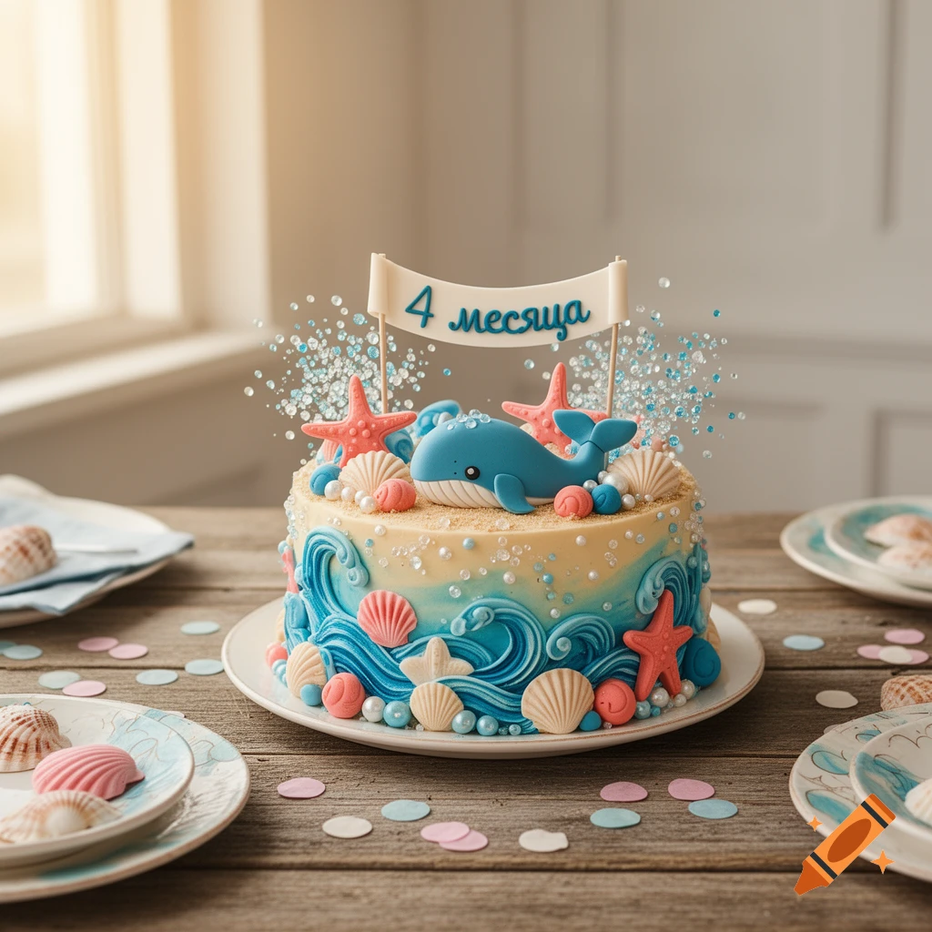 A light blue and yellow marine-themed cake decorated with a whale, starfishes, seashells, and "4 месяца" banner on a wooden table.