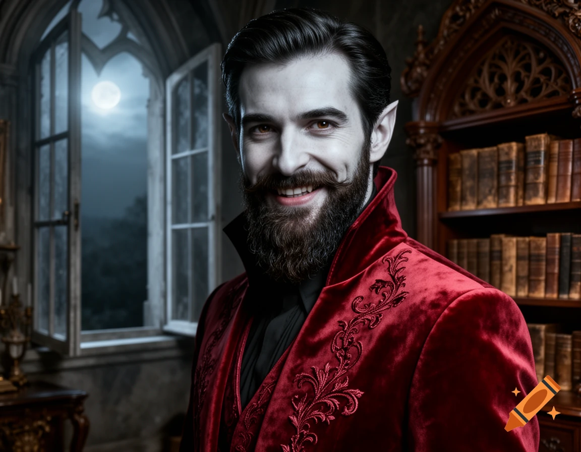 A smiling, bearded vampire with pale skin and pointed ears, wearing a red velvet coat, in a gothic room with a full moon visible through an open window.