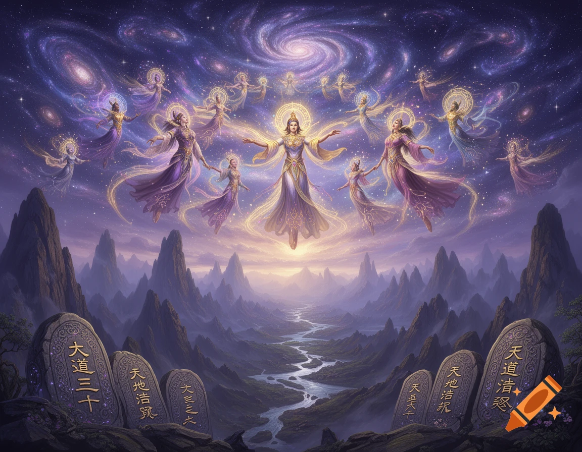 An epic fantasy scene of ethereal deities floating in a starry sky above a mystical mountain range with a river, and ancient stone tablets in the foreground.
