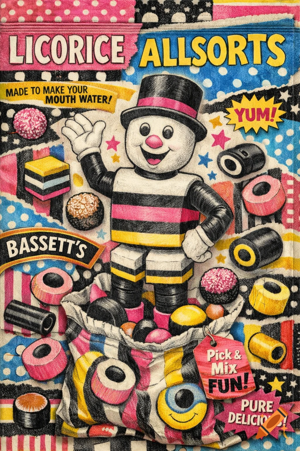 A colorful pencil drawing and collage of Bertie Bassett, the Licorice Allsorts mascot, surrounded by candy and packaging text.