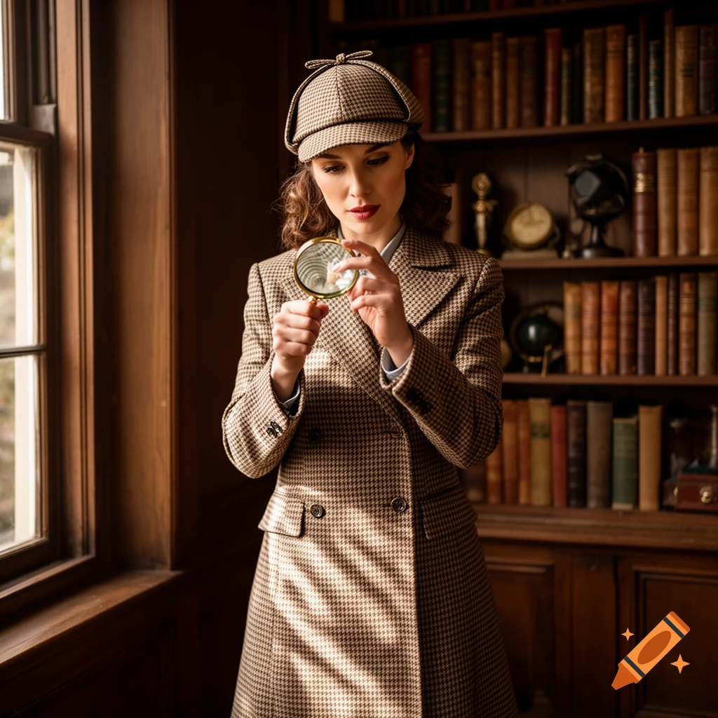Photorealistic image of a woman in a houndstooth detective coat and hat, holding a magnifying glass in a library.