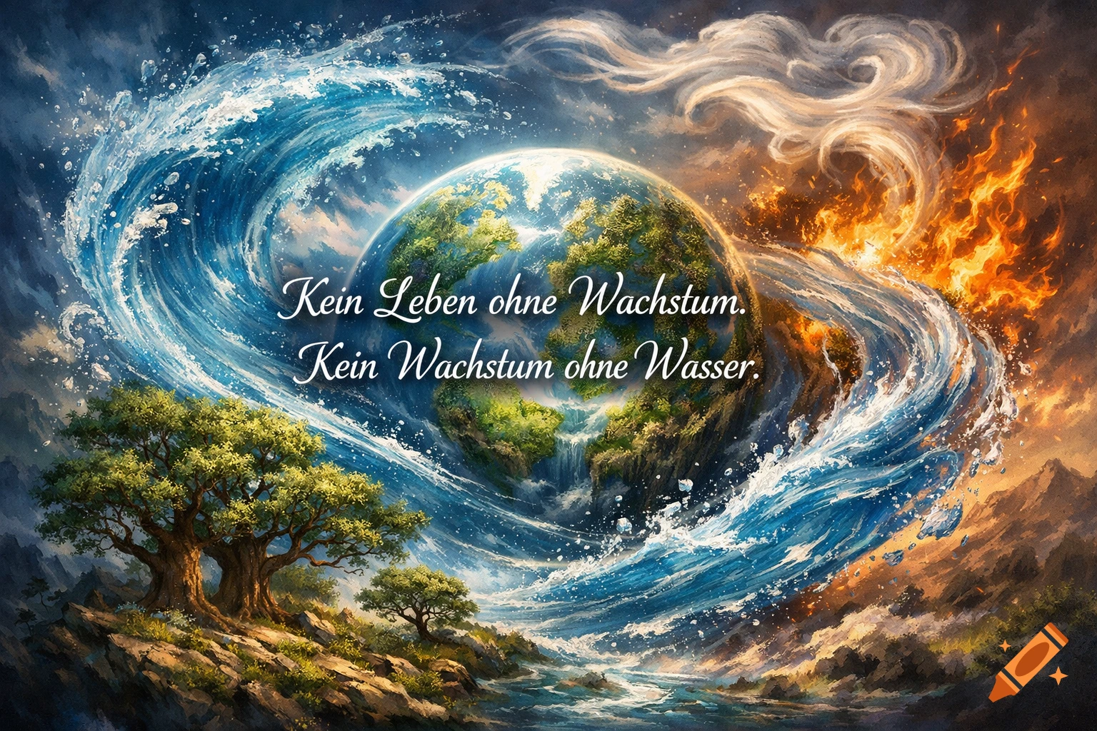 Fantasy art of Earth with swirling water, fire, clouds, and trees, with the German text 'Kein Leben ohne Wachstum. Kein Wachstum ohne Wasser.'