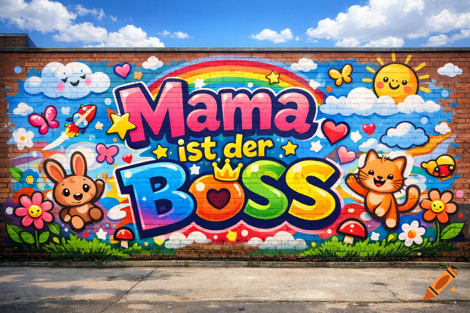 Colorful graffiti on a brick wall reading "Mama ist der Boss", surrounded by cartoon animals, clouds, a rainbow, sun, and flowers.