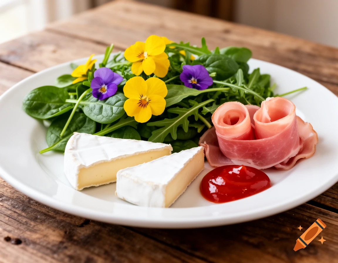 A white plate with a fresh green salad, yellow and purple flowers, two wedges of brie, rolled ham, and a dollop of ketchup on a wooden table.