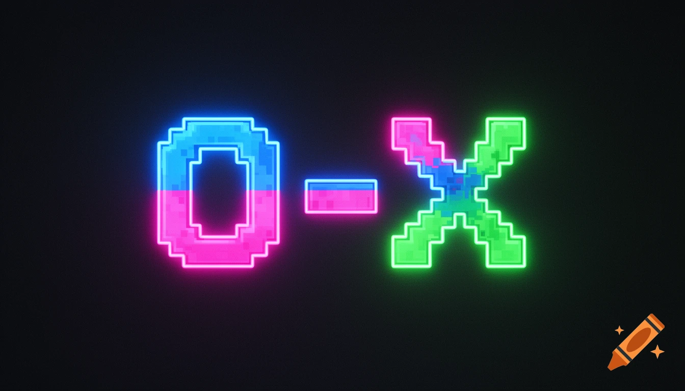 Pixelated neon '0-X' sign glowing in blue, pink, and green on a dark background in 8-bit style.
