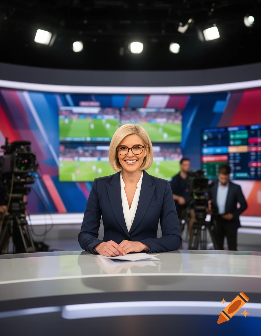 A blonde woman in glasses and a suit sits at a desk in a TV news studio with blurry sports screens in the background.