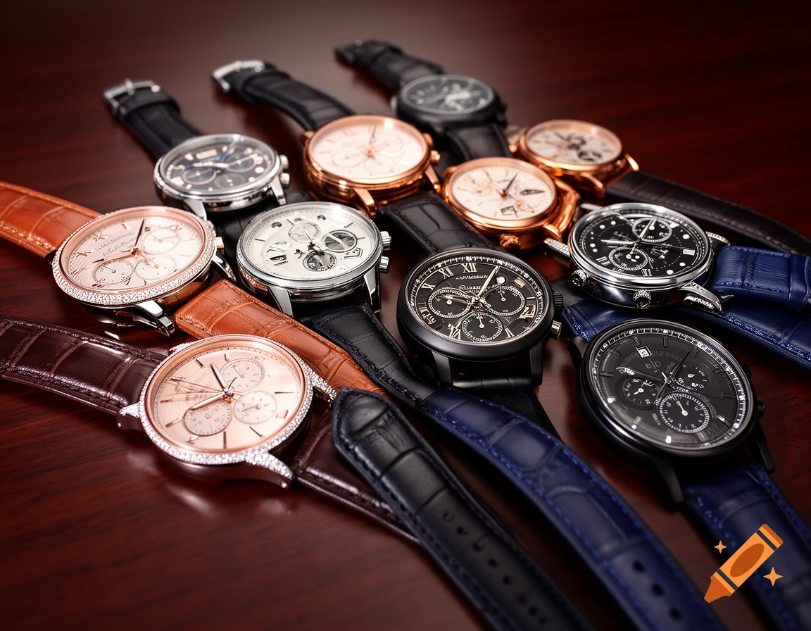 Multiple luxury wristwatches with leather straps and various faces, arranged on a polished wooden surface.