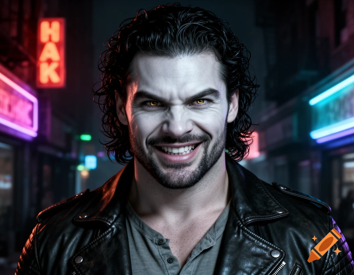 A man with pale skin, yellow eyes, and dark curly hair, wearing a leather jacket, grins menacingly under neon lights in a dark urban setting.
