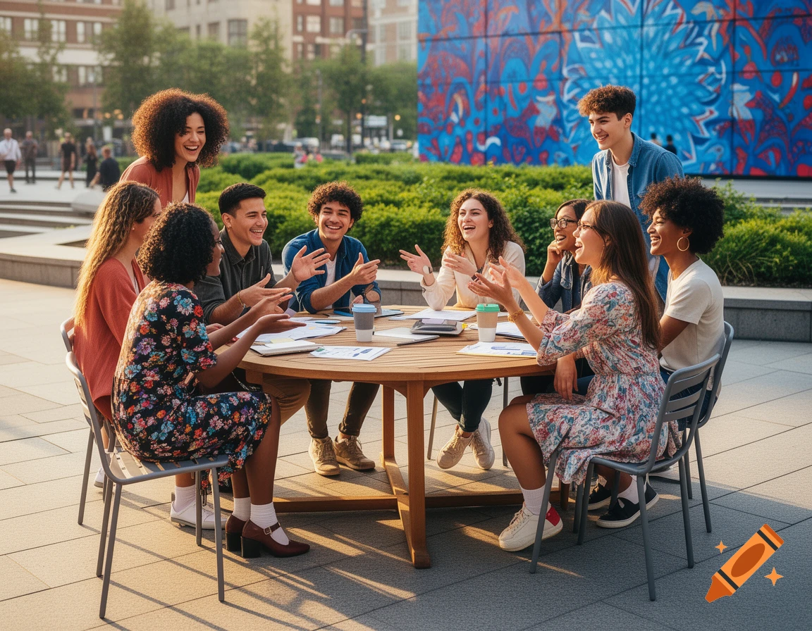 A diverse group of young adults are smiling, gesturing, and talking around a round wooden table outdoors on a sunny day.