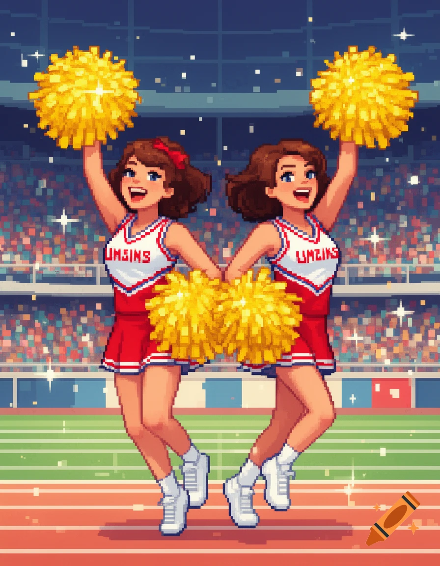 Two pixel art cheerleaders in red and white uniforms dance with yellow pompoms on a stadium track.