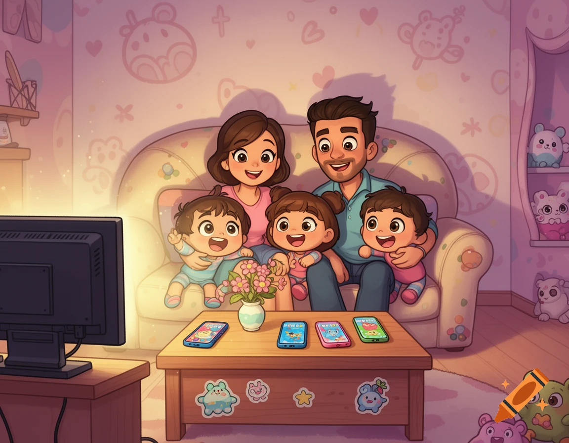 Cartoon family of five, with parents and three young children, happily watching TV on a couch. Phones are on a coffee table.