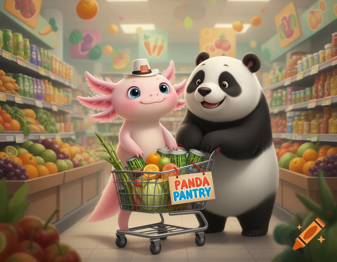 A cartoon axolotl and panda push a grocery cart with a 'Panda Pantry' sign in a colorful supermarket.