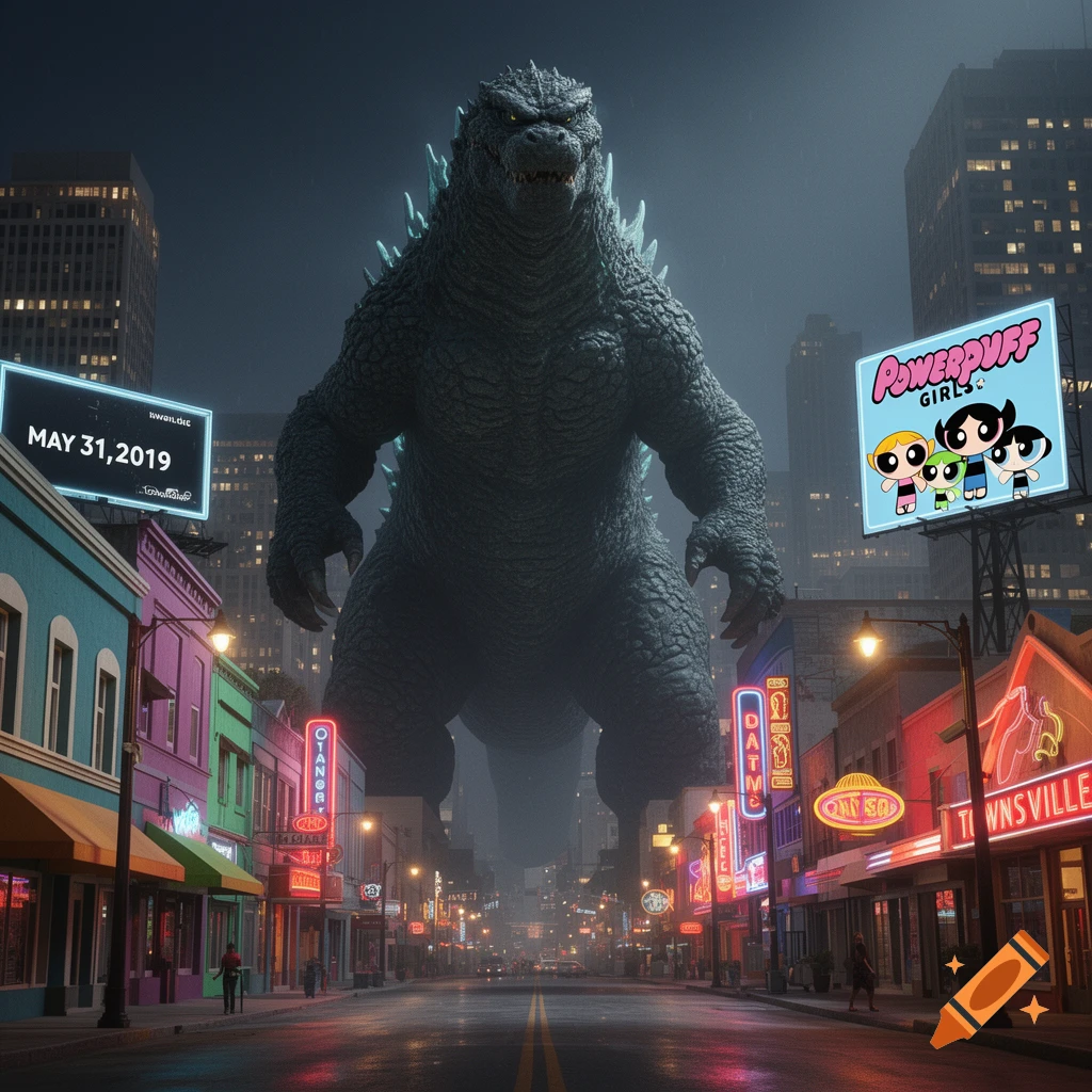 A huge Godzilla-like monster stands over a neon-lit city street at night, with billboards featuring "MAY 31, 2019" and "POWERPUFF GIRLS".