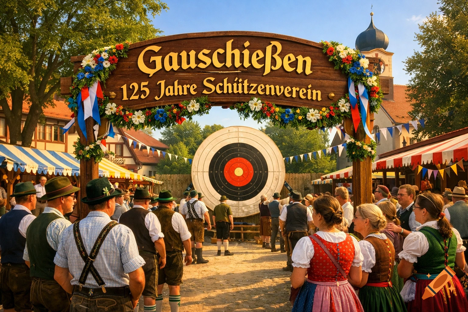 Photorealistic image of a traditional German Gauschie R ßen festival, with people in Lederhosen and Dirndls gathered around an archery target.