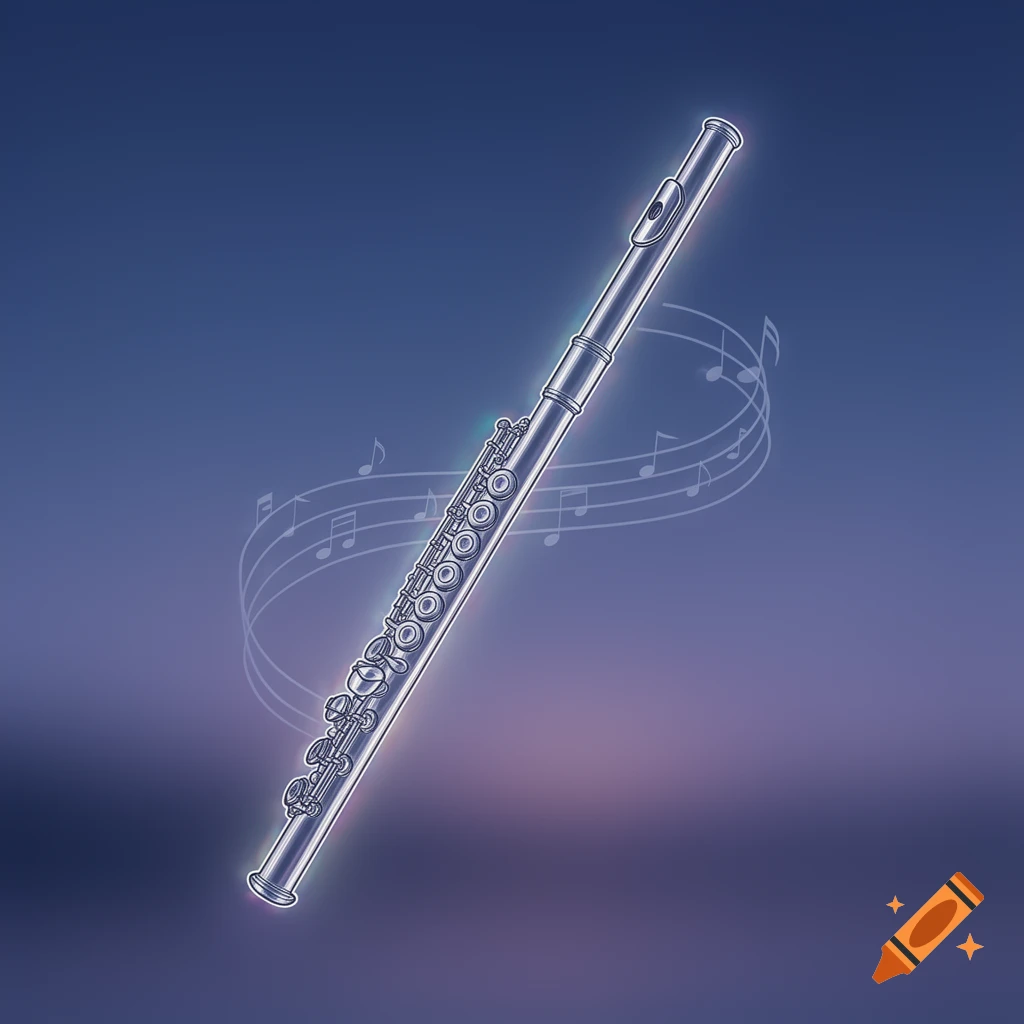 A stylized illustration of a silver flute with glowing edges, surrounded by ethereal musical notes on a purple and blue gradient background.