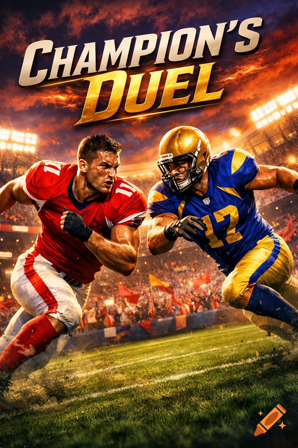Two football players in red and blue-gold uniforms run on a stadium field under dramatic skies. Text reads "CHAMPION'S DUEL."