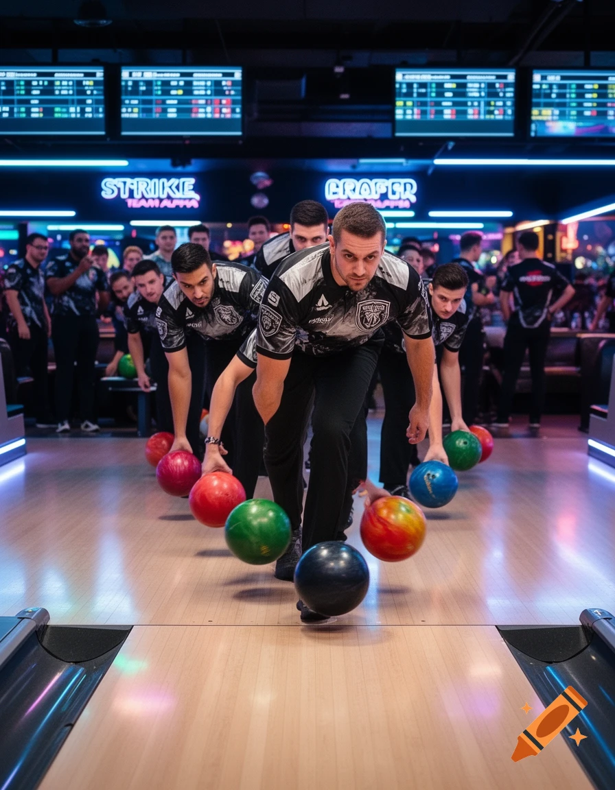 A team of men in matching jerseys bowling simultaneously, each releasing a colorful ball down the alley in a brightly lit modern bowling alley.