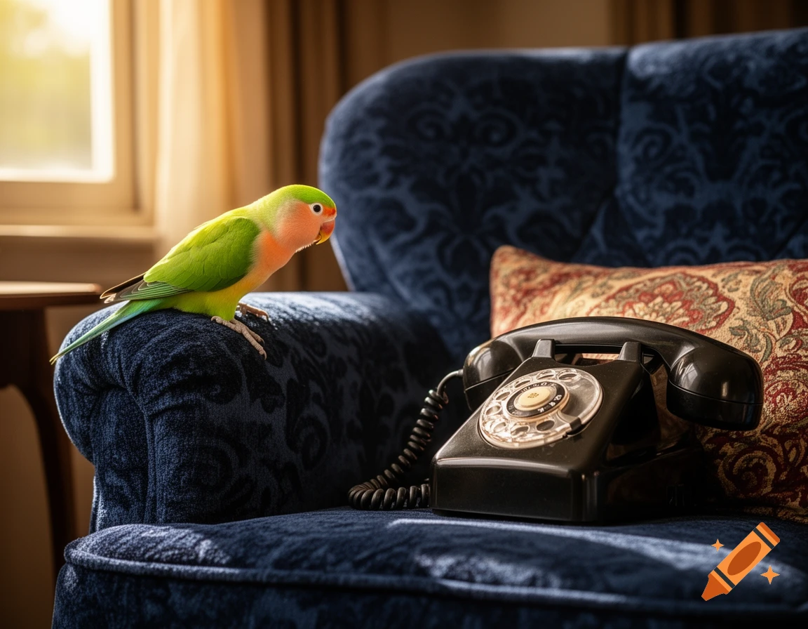 A photorealistic lovebird perched on a blue velvet couch next to a vintage black rotary telephone, with warm light from a window.