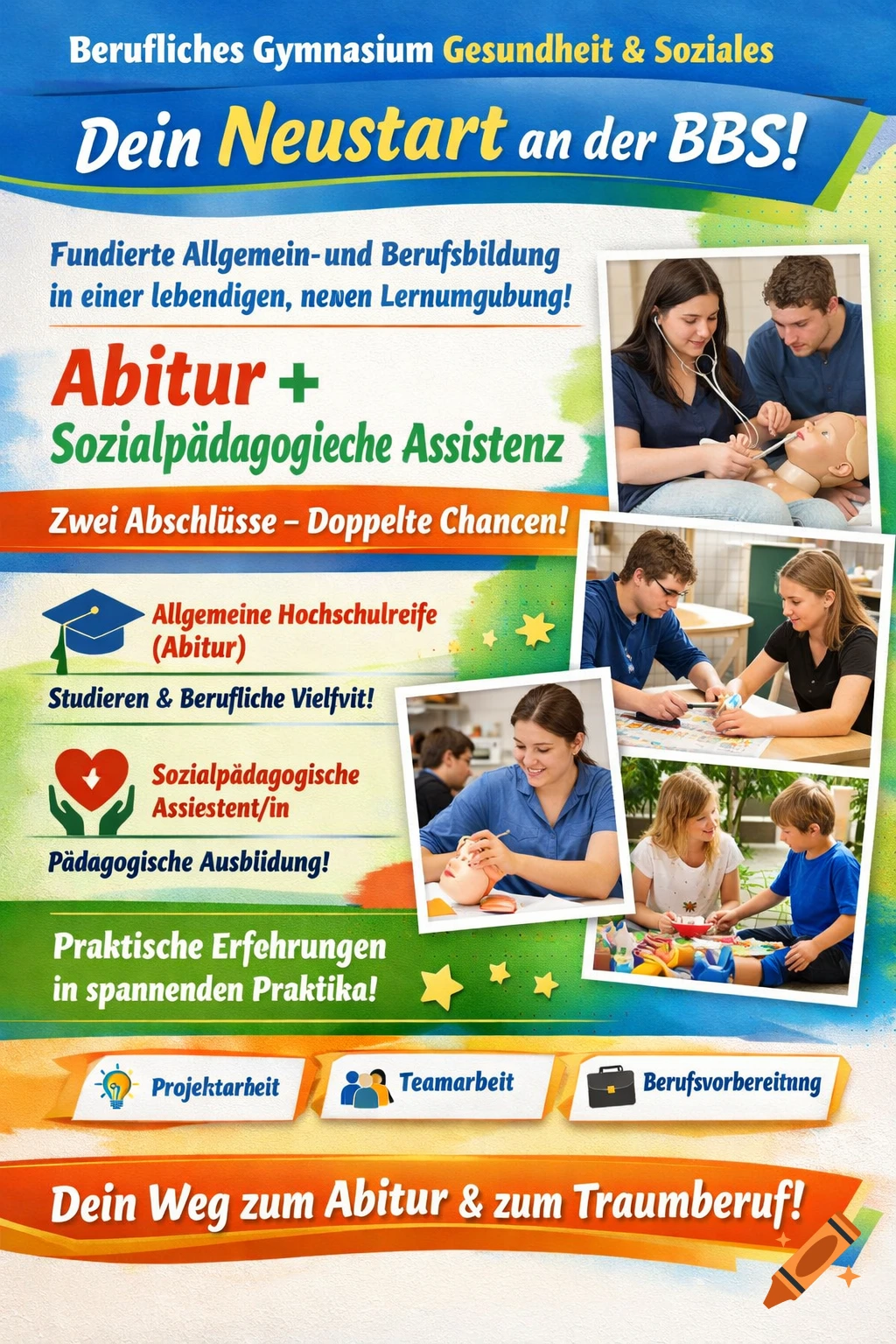 Colorful flyer for a vocational high school, featuring students in medical training and classroom settings, promoting dual degrees and practical experience.