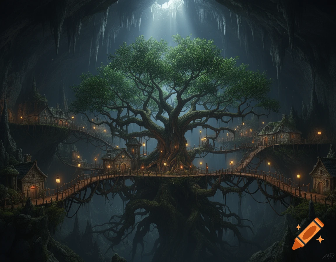 A fantasy village nestled within a dark cave, featuring small stone houses connected by wooden bridges around a giant glowing tree.