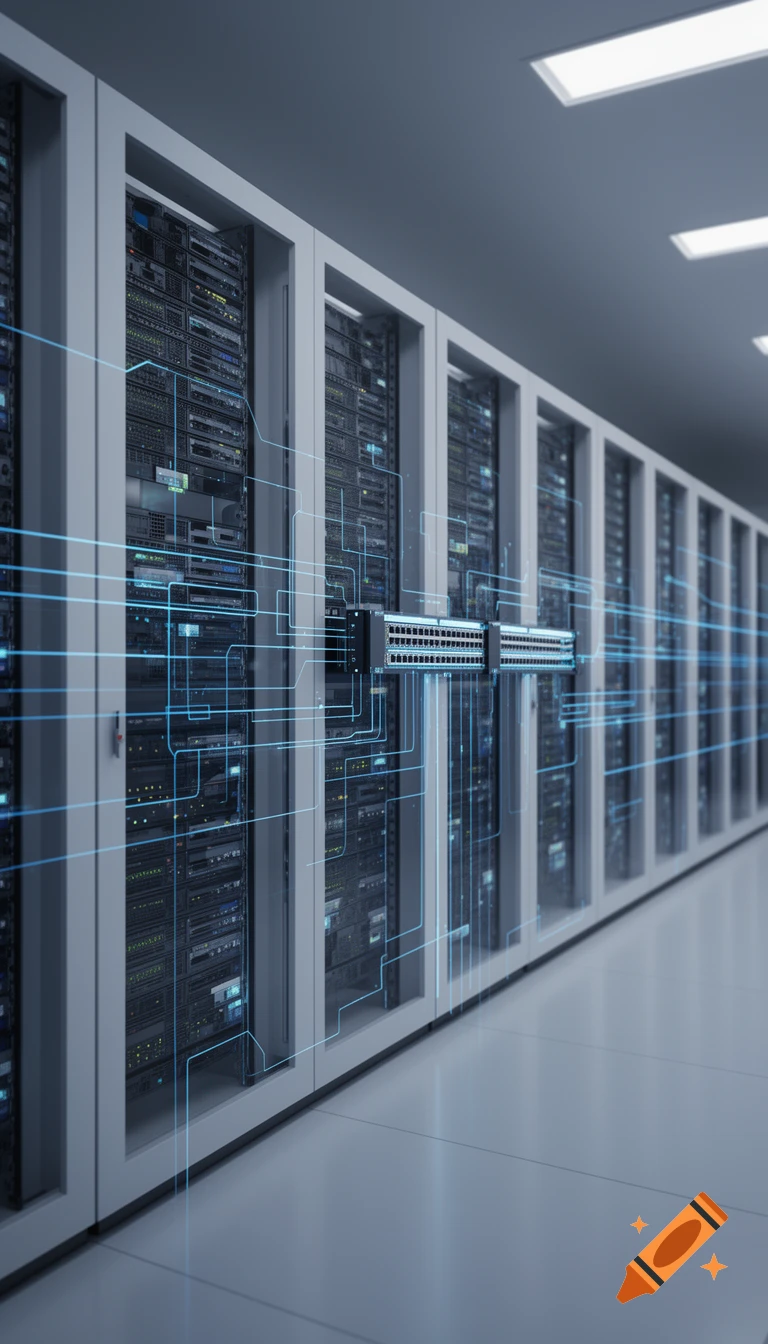 Ultra-realistic image of a modern server room with glowing blue data lines connecting switches and servers in clean racks.