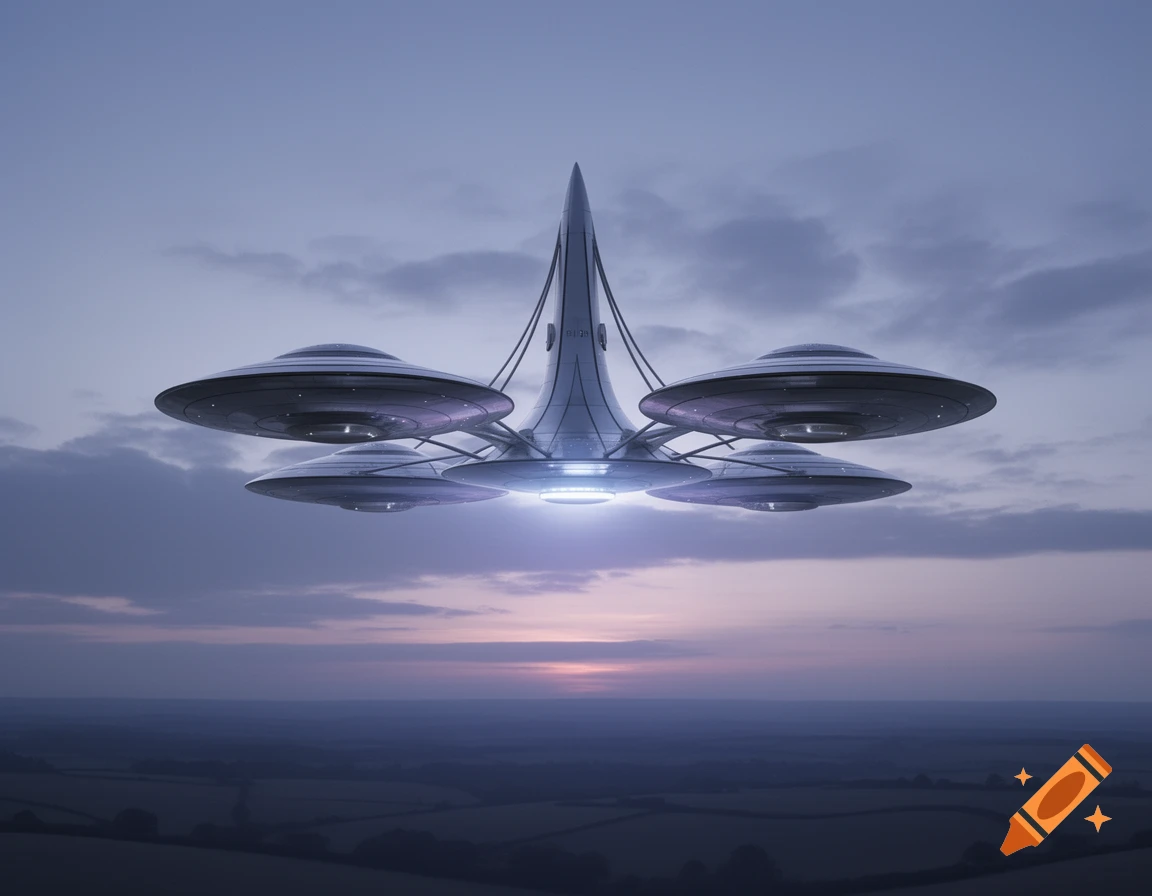 A photorealistic futuristic multi-saucer UFO with glowing lights flies over a dark rural landscape at dusk.