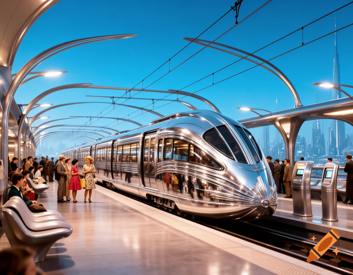 A shiny, silver retro-futuristic train is at a station with people waiting, under arched, illuminated platforms.