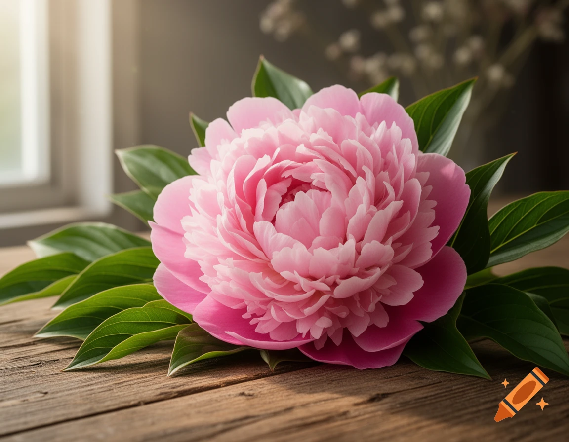 A vibrant pink peony flower with green leaves rests on a rustic wooden table, bathed in soft window light.