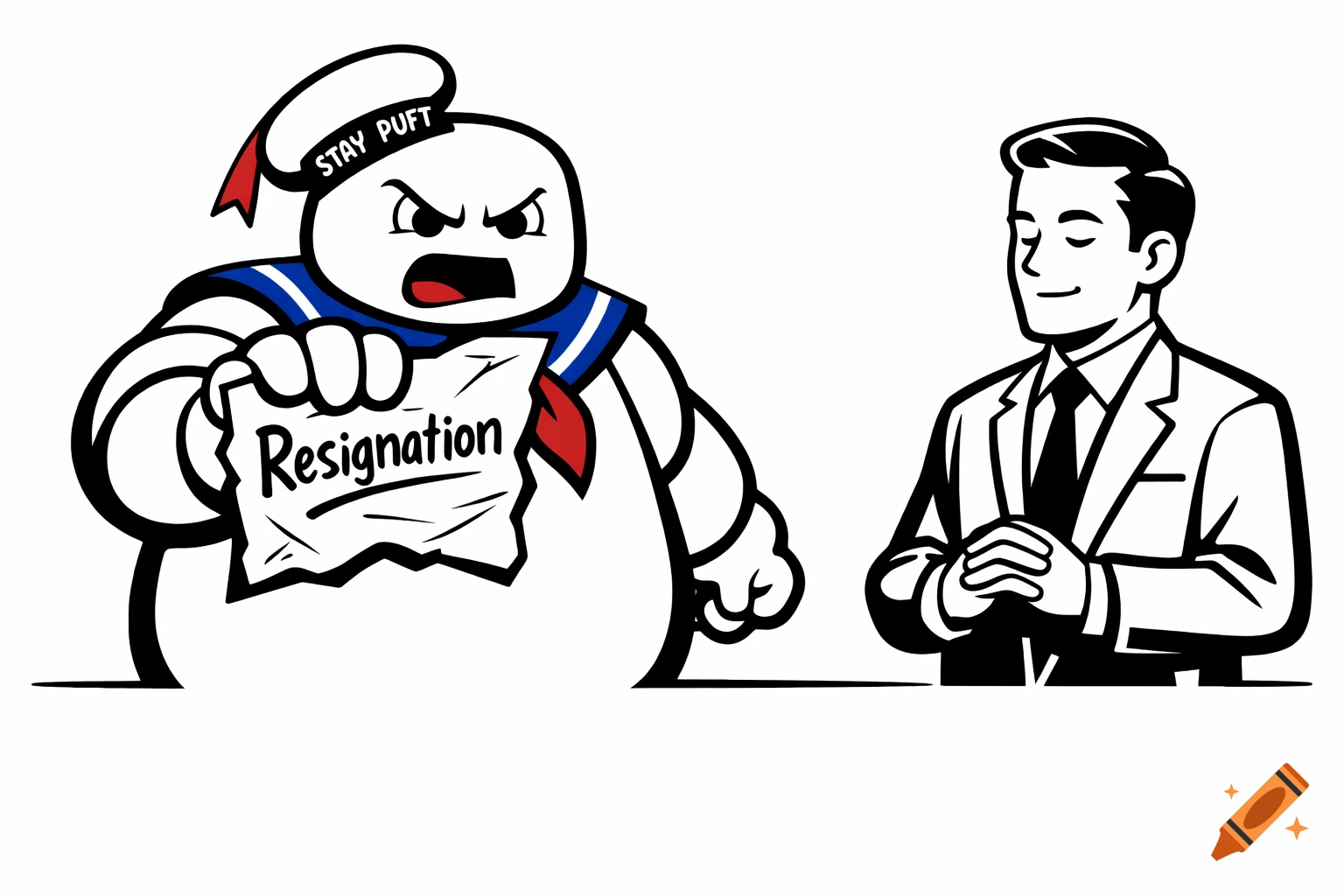 A cartoon angry Stay Puft Marshmallow Man, wearing a sailor hat with "STAY PUFT" on it, hands a "Resignation" letter to a calm man in a suit.