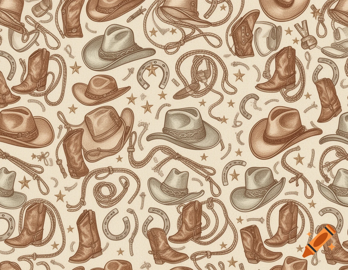 Seamless hand-drawn western pattern featuring cowboy hats, boots, lassos, and horseshoes in sepia tones.