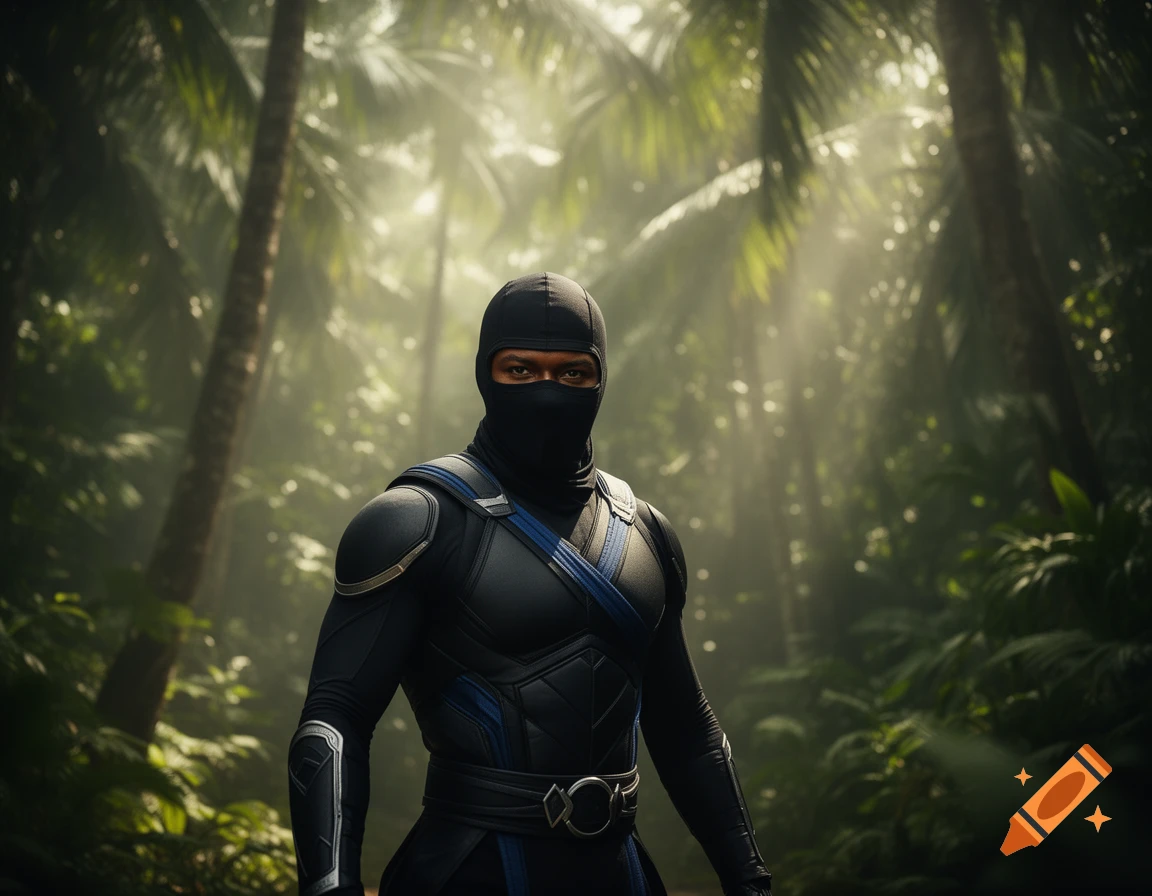 A masked ninja in a black and blue suit stands in a sun-dappled tropical forest, looking directly at the viewer.