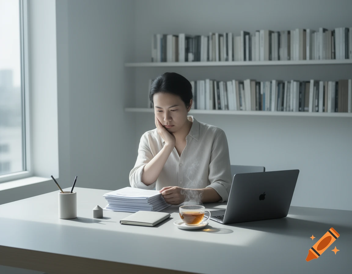 A person with dark hair sits at a minimalist desk, contemplating a stack of papers next to a laptop and a steaming cup of tea.