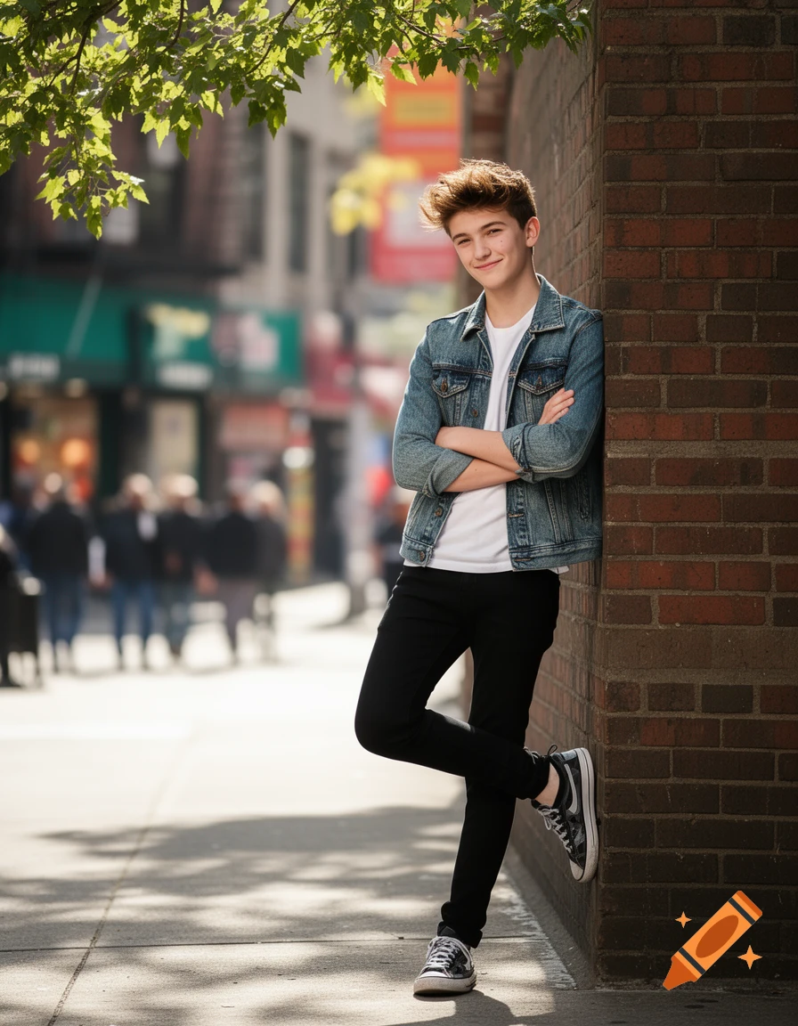 A smiling teenage guy with spiky hair, wearing a denim jacket and black pants, leans against a brick wall on a city street.