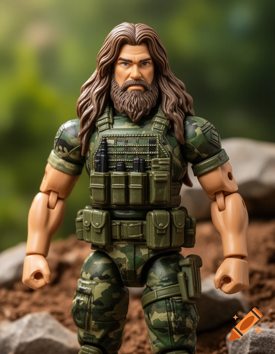 A detailed action figure of a long-haired, bearded man in camouflage military gear, set outdoors.