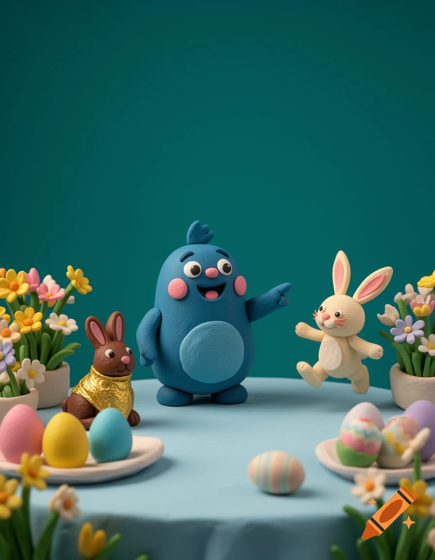 A cheerful claymation scene featuring a blue character pointing at a hopping bunny among colorful Easter eggs and spring flowers on a light blue tablecloth.