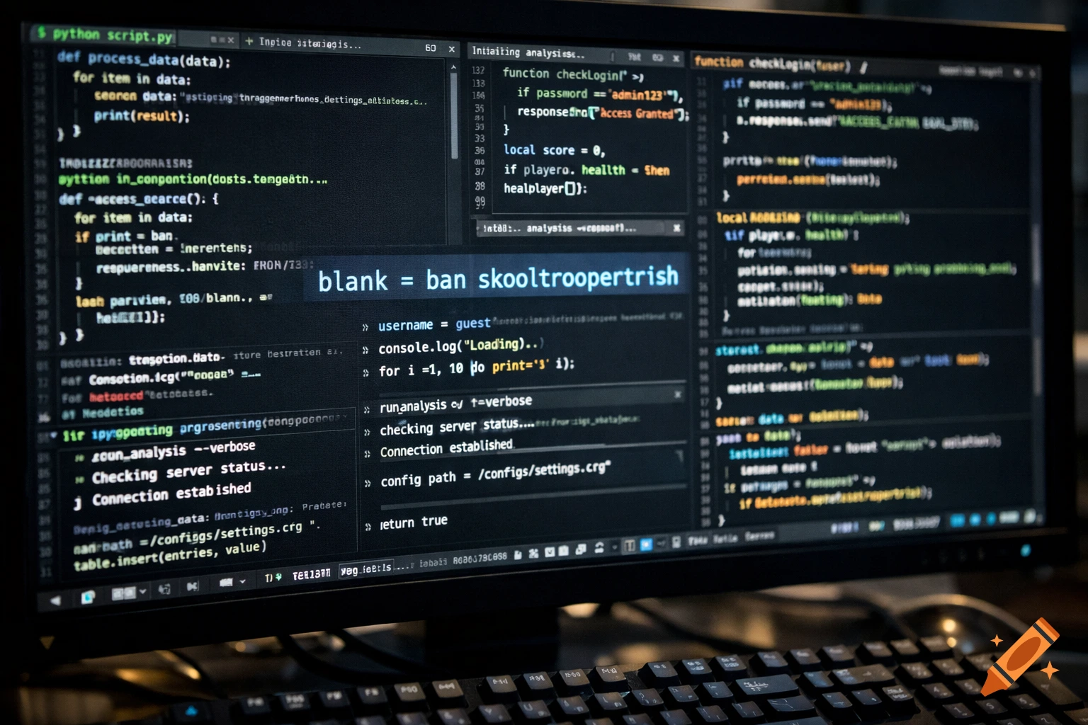 Close-up of a computer screen displaying lines of code, with one highlighted line reading "blank = ban skooltroopertrish".