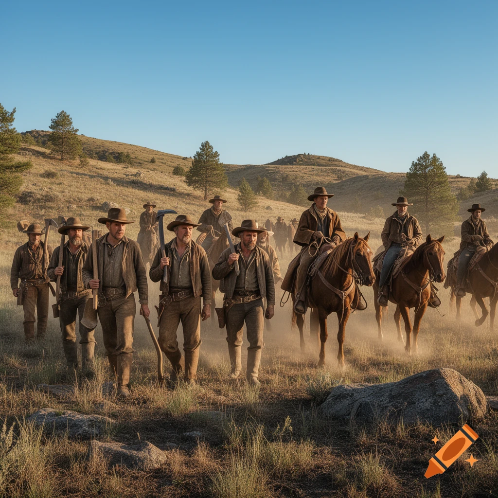 A group of rugged men, some riding horses and others walking, traverse a dusty, grassy Western landscape under a clear blue sky.