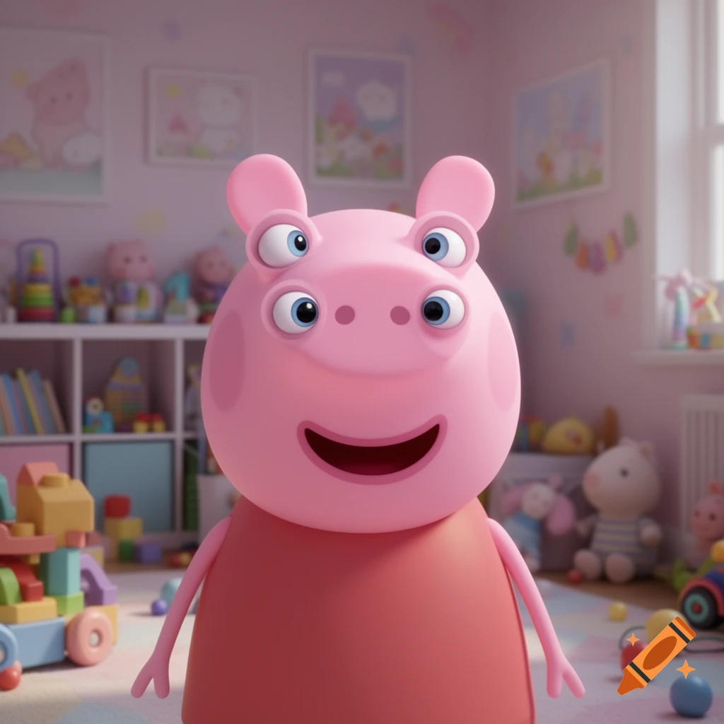 A pink Peppa Pig character with four eyes stares forward in a softly lit child's playroom with toys.