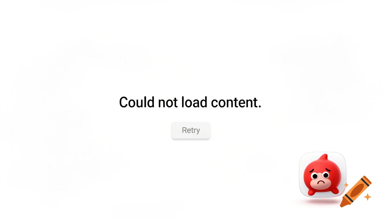A white error screen with black text "Could not load content.", a light-grey "Retry" button, and a sad red cartoon character icon with white eyes.